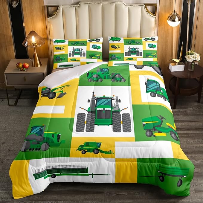 Erosebridal Kids Truck Comforter Set Full Size Boys Cartoon Tractor Down Comforter Excavator Construction Bedding Set Farmhouse Car Vehicle Duvet Set Bedroom Dorm Decor, Yellow Green - LeafyLoom