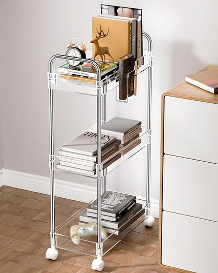 SPACEKEEPER 3 Tier Acrylic Storage Rolling Cart Clear Bathroom Cart Organizer, Transparency Laundry Room Organization Mobile Shelving Unit Multifunction Rolling Utility Cart for Office Living Room - LeafyLoom