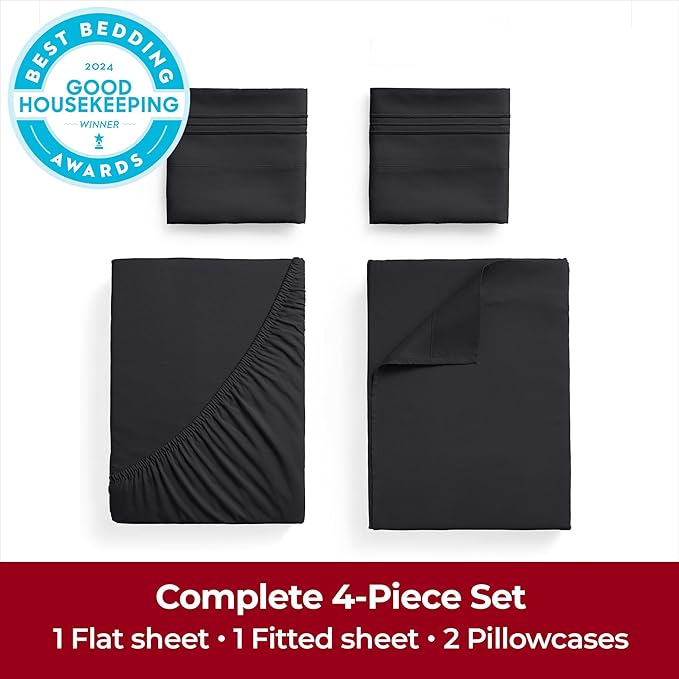 Mellanni Full Sheets Set - 4 PC Iconic Collection Bedding Sheets & Pillowcases - Hotel Luxury, Extra Soft, Cooling Bed Sheets - Deep Pocket up to 16 inch (Full, Black) - LeafyLoom