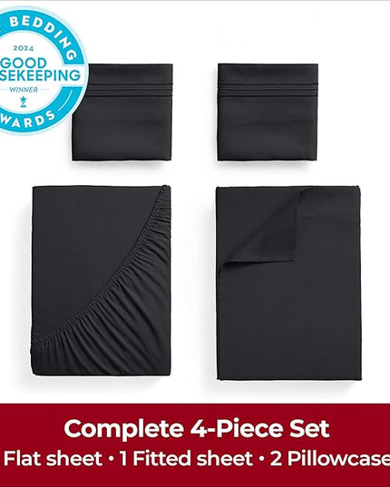 Mellanni Extra Deep King Sheets - 4 PC Iconic Collection Bedding Sheets & Pillowcases - Hotel Luxury, Ultra Soft, Cooling Bed Sheets - Extra Deep Pocket up to 21 inch (King, Black) - LeafyLoom