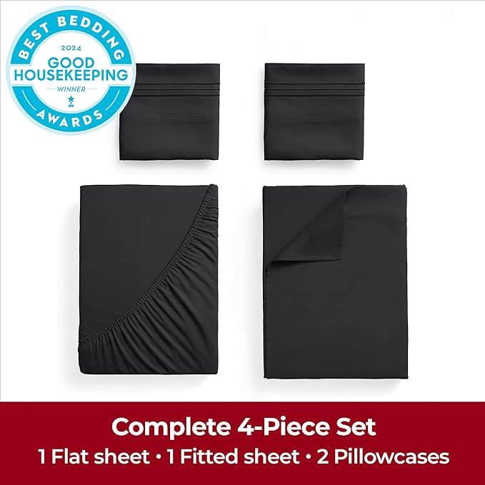 Mellanni Extra Deep King Sheets - 4 PC Iconic Collection Bedding Sheets & Pillowcases - Hotel Luxury, Ultra Soft, Cooling Bed Sheets - Extra Deep Pocket up to 21 inch (King, Black) - LeafyLoom
