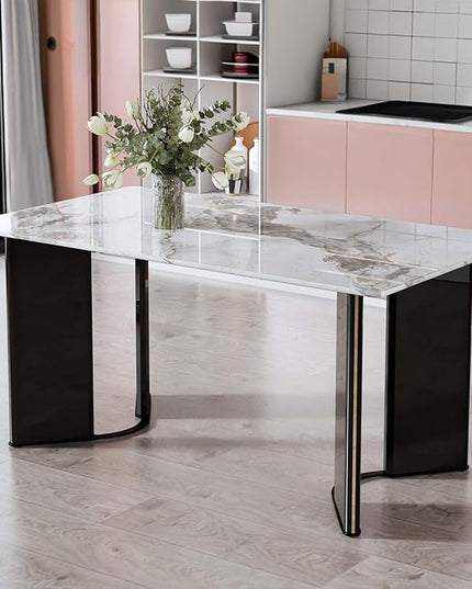 NicBex Modern Minimalist Rectangular Dining Table White Imitation Marble Tabletop, MDF Table Legs with Gold Metal Decorative Strips Suitable for Restaurant and Living Room, White - LeafyLoom