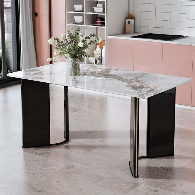 NicBex Modern Minimalist Rectangular Dining Table White Imitation Marble Tabletop, MDF Table Legs with Gold Metal Decorative Strips Suitable for Restaurant and Living Room, White - LeafyLoom