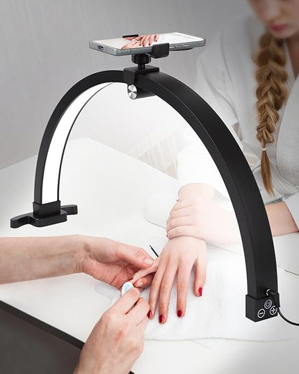 Small Nail lamp for Desk, Half Moon Light for Nail Desk with Touch Control, Portable Half Moon Nail lamp with Phone Holder (Black) - LeafyLoom