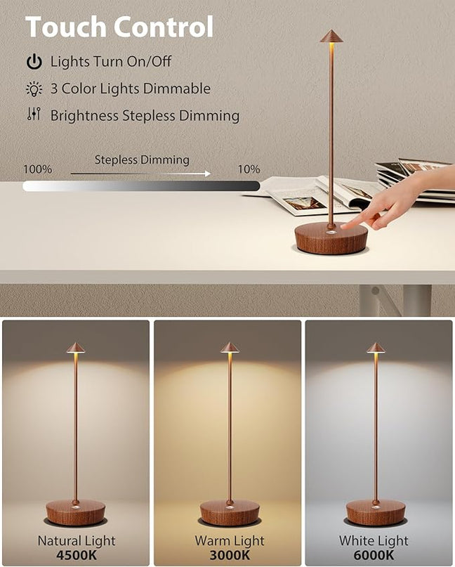 Cordless Table Lamps Rechargeable, 6000mAh Battery Operated LED Desk Lamp Outdoor Waterproof Portable Touch Dimmable Table Night Light for Patio Restaurant Dining Home Set of 2 Wood Grain - LeafyLoom