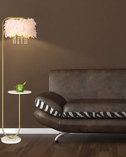Unique Led White Feather Floor Lamp with Tray,Ostrich Feather Stand Lamp,Living Room Bedroom Office Shop Window Decoration Lamp,Foot Switch and Brass/Gold Finish Arc Floor Lamp - LeafyLoom
