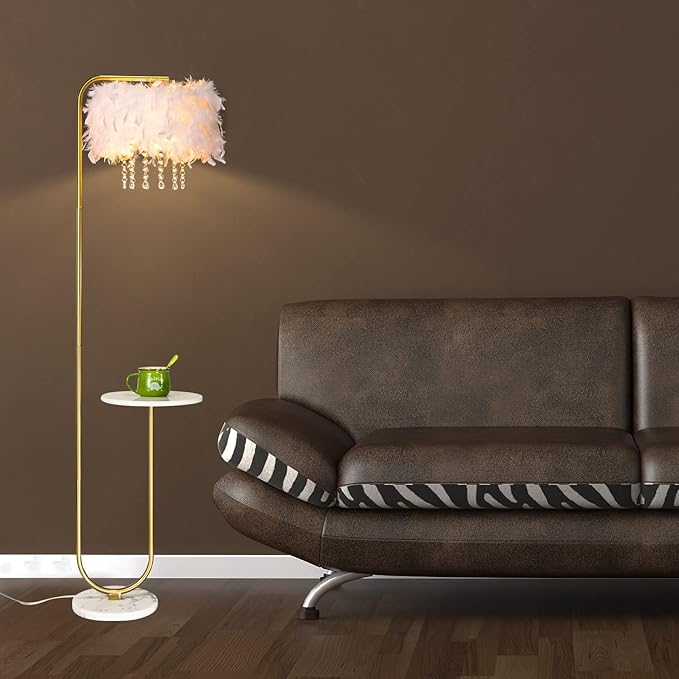 Unique Led White Feather Floor Lamp with Tray,Ostrich Feather Stand Lamp,Living Room Bedroom Office Shop Window Decoration Lamp,Foot Switch and Brass/Gold Finish Arc Floor Lamp - LeafyLoom