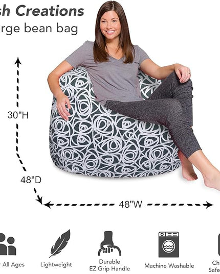 Posh Creations Bean Bag Chair for Kids, Teens, and Adults Includes Removable and Machine Washable Cover, 48in - X-Large, Canvas Roses Gray - LeafyLoom