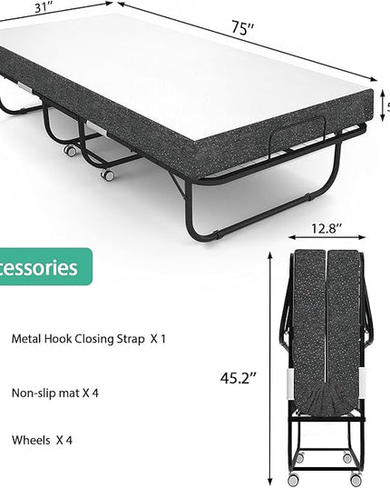 Foxemart Folding Bed with Mattress Portable Foldable Guest Beds Cot Size Rollaway Beds for Adults with Luxurious Memory 5 Inch Foam Mattress and Super Sturdy Frame, 75 x 31 Inch - LeafyLoom