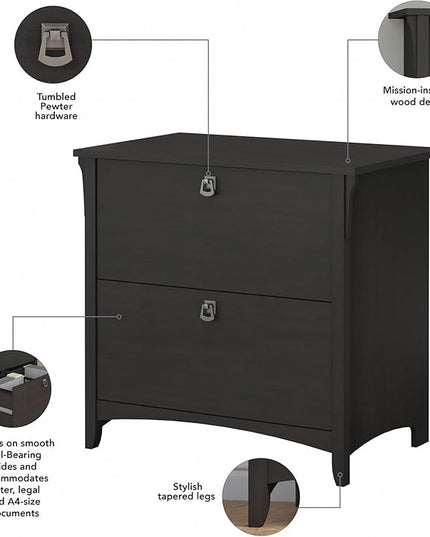 Bush Furniture Salinas 2 Drawer Lateral File Cabinet | Home Office Storage for Letter, Legal, and A4-size Documents, Vintage Black - LeafyLoom
