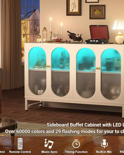 Aheaplus Sideboard Buffet Cabinet with Power Outlet, Kitchen Sideboard Storage Cabinet with LED Light, 4 Doors, Modern Accent Cabinet Coffee Bar Cabinet Console Table for Kitchen Dining Room, White - LeafyLoom