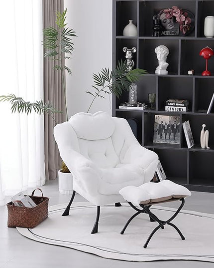 Lazy Chair with Ottoman, Modern Accent Chair Contemporary Lounge Leisure Upholstered Sofa Chair Set with Armrests, Reading Chair for Living Room, Bedroom, Office, Plush White - LeafyLoom