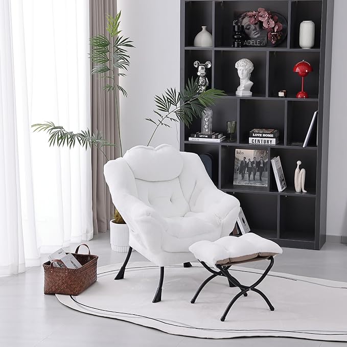 Lazy Chair with Ottoman, Modern Accent Chair Contemporary Lounge Leisure Upholstered Sofa Chair Set with Armrests, Reading Chair for Living Room, Bedroom, Office, Plush White - LeafyLoom
