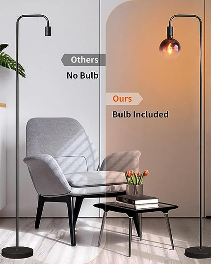 Floor Lamp for Living Room - Minimalist Industrial Standing Lamp with Modern LED Bulb, Globe Black Clear Glass 6", 1800K Warm Ambiant Lighting Decorative Tall Floor Lamp for Bedroom Office - LeafyLoom