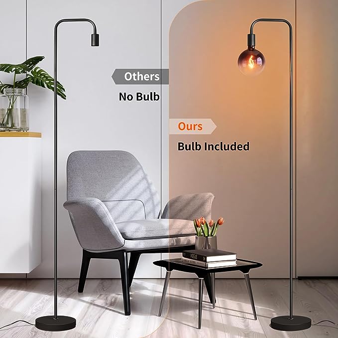 Floor Lamp for Living Room - Minimalist Industrial Standing Lamp with Modern LED Bulb, Globe Black Clear Glass 6", 1800K Warm Ambiant Lighting Decorative Tall Floor Lamp for Bedroom Office - LeafyLoom