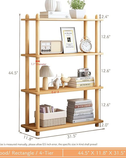 IOTXY 4-Tier Wooden Shelf Bookcase - Modern Open Bookshelf, Free Standing Storage Rack, Multifunctional Display Stand for Home and Office, Oak, Rectangle - LeafyLoom