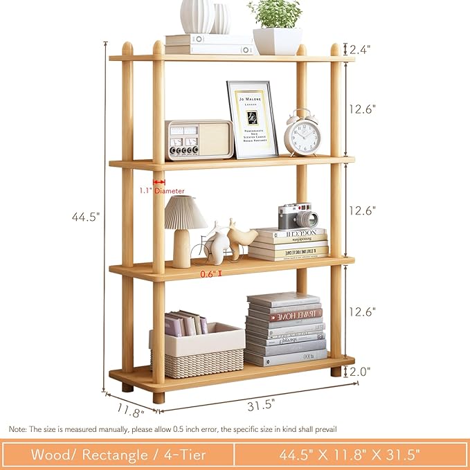 IOTXY 4-Tier Wooden Shelf Bookcase - Modern Open Bookshelf, Free Standing Storage Rack, Multifunctional Display Stand for Home and Office, Oak, Rectangle - LeafyLoom
