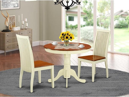 East West Furniture ANIP3-BMK-W 3 Piece Set Contains a Round Dining Room Table with Pedestal and 2 Wood Seat Chairs, 36x36 Inch - LeafyLoom