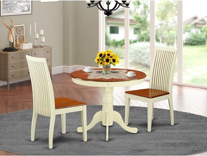East West Furniture ANIP3-BMK-W 3 Piece Set Contains a Round Dining Room Table with Pedestal and 2 Wood Seat Chairs, 36x36 Inch - LeafyLoom