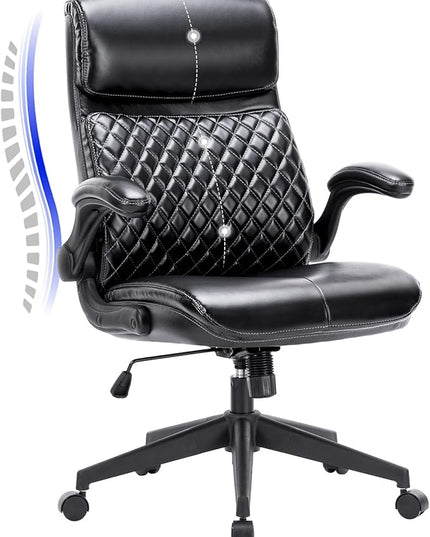 COLAMY Home Office Chair 275LBS Executive Leather Office Chair with Padded Flip-up Arms, Adjustable Height and Tilt Lock, Black - LeafyLoom
