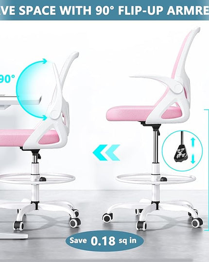 Drafting Chair Tall Office Chair for Standing Desk Adjustable Tall Desk Chair with Footrest Ring and Lumbar Support Ergonomic Computer Chair with Flip-up Armrests (Pink) - LeafyLoom