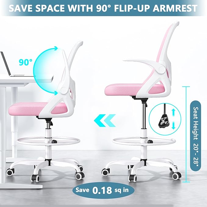 Drafting Chair Tall Office Chair for Standing Desk Adjustable Tall Desk Chair with Footrest Ring and Lumbar Support Ergonomic Computer Chair with Flip-up Armrests (Pink) - LeafyLoom