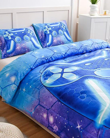 NTBED Game Console Comforter Set for Boys Girls Kids 3D Gaming Geometric Lightweight Microfiber Bedding Sets (Blue Purple, Queen) - LeafyLoom