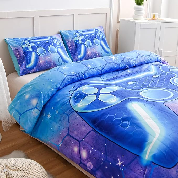 NTBED Game Console Comforter Set for Boys Girls Kids 3D Gaming Geometric Lightweight Microfiber Bedding Sets (Blue Purple, Queen) - LeafyLoom
