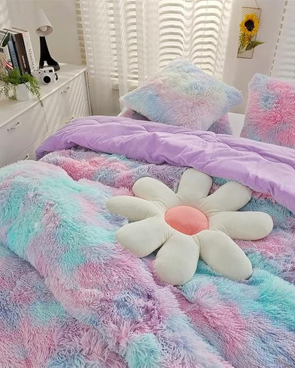 Faux Fur Kids Girls Purple Rainbow Comforter Sets King - 3PC Bed Set Warm Comfortable Soft Plush Flannel Velvet Fluffy Fuzzy Bedding（Comforter x 1 Pillowcases x 2） - LeafyLoom
