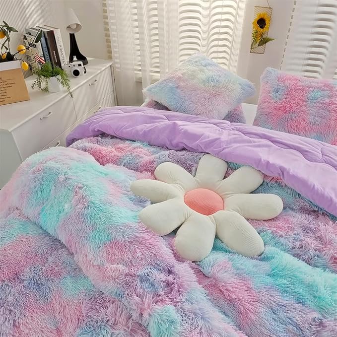 Faux Fur Kids Girls Purple Rainbow Comforter Sets King - 3PC Bed Set Warm Comfortable Soft Plush Flannel Velvet Fluffy Fuzzy Bedding（Comforter x 1 Pillowcases x 2） - LeafyLoom