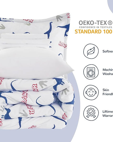SLEEP ZONE Cartoon Dinosaur Comforter Set, Dark Blue Kids Bedding Set for Boys, Dinosaurs Print Comforter, Sheet, Pillowcase & Sham (Dinosaur Footprints, Twin) - LeafyLoom