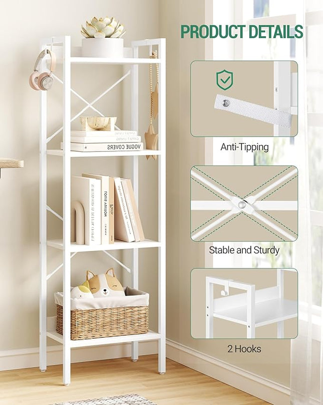Bookshelf, Book Shelf, Industrial Bookcase with 2 Hooks, Coner Shelf Storage Organizer for Home Office, Living Room, Bedroom, Kitchen, 4-Tier White BC10413W - LeafyLoom