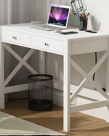 ChooChoo Computer Desk with USB Charging Ports and Power Outlets, 39" White Desk with Drawers, Small Study Writing Table with Stable X Frame for Home Office - LeafyLoom