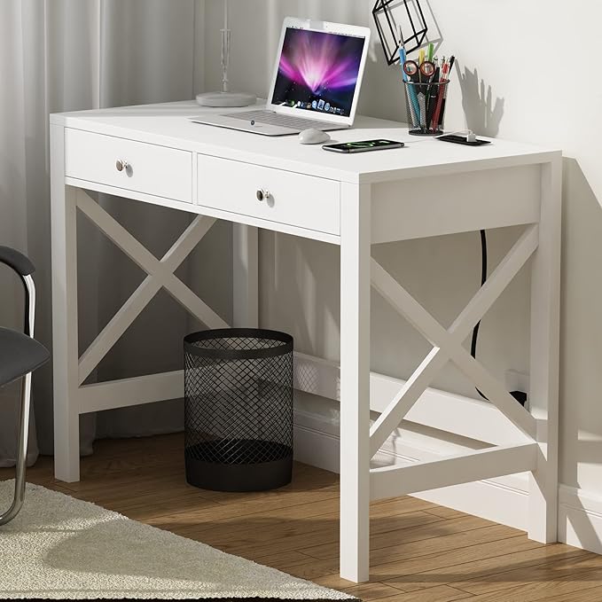 ChooChoo Computer Desk with USB Charging Ports and Power Outlets, 39" White Desk with Drawers, Small Study Writing Table with Stable X Frame for Home Office - LeafyLoom