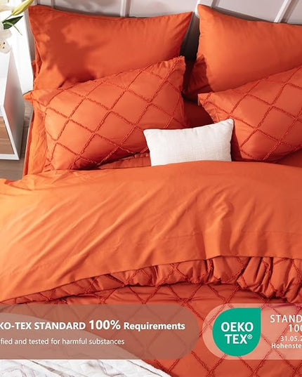 Boho Orange Comforter Set with Jacquard Tufted Design,Farmhouse Bedding Sets for All Seasons,Soft 7 Pieces Queen Bed in a Bag with Comforter,Flat Sheet,Fitted Sheet,Pillowcases & Shams - LeafyLoom