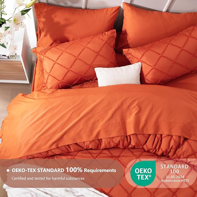 Boho Orange Comforter Set with Jacquard Tufted Design,Farmhouse Bedding Sets for All Seasons,Soft 7 Pieces Queen Bed in a Bag with Comforter,Flat Sheet,Fitted Sheet,Pillowcases & Shams - LeafyLoom