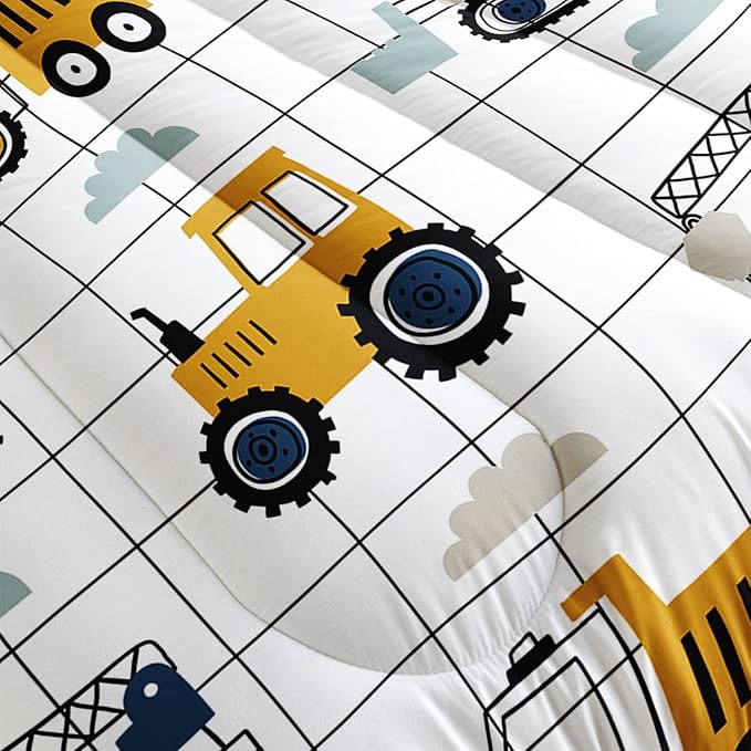 Datura home Construction Truck Comforter Set for Boys Kids Children, Machinery Excavators Vehicles Cartoon Tractor Bedding with 1 and 2 Pillowcases(Construction Queen 90x90inches) - LeafyLoom