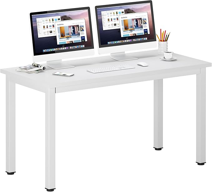 DlandHome 55 inches Large Computer Desk, Composite Wood Board, Decent and Steady Home Office Desk/Workstation/Table, BS1-140WW White and White Legs, 1 Pack - LeafyLoom