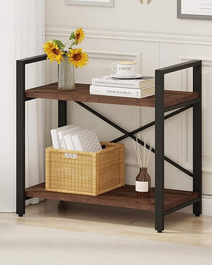 BON AUGURE Small Short Bookshelf, Wood 2 Shelf Etagere Bookcase, Metal Low Book Shelf for Small Spaces Living Room, Bedroom, Office (Rustic Oak) - LeafyLoom