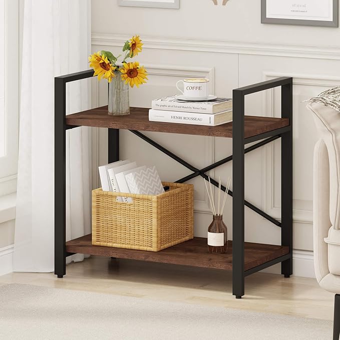 BON AUGURE Small Short Bookshelf, Wood 2 Shelf Etagere Bookcase, Metal Low Book Shelf for Small Spaces Living Room, Bedroom, Office (Rustic Oak) - LeafyLoom