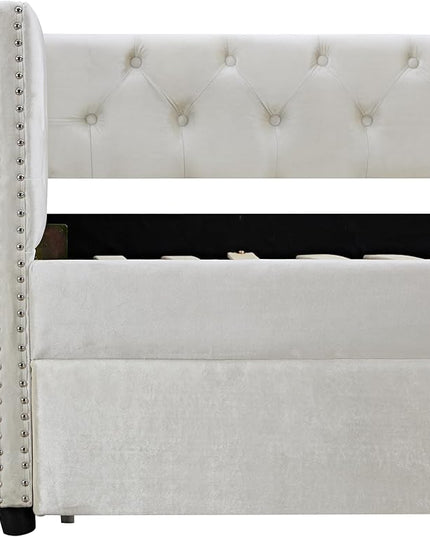Twin Size Velvet Upholstered Daybed with Twin Trundle, Solid Wood Sofa Bed w/Button Tufted Backrest, for Living Room, Bedroom, Dorm, No Box Spring Needed, Space-Saving Design, Beige - LeafyLoom