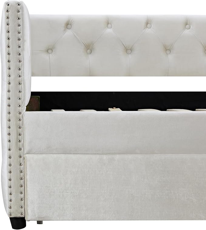 Twin Size Velvet Upholstered Daybed with Twin Trundle, Solid Wood Sofa Bed w/Button Tufted Backrest, for Living Room, Bedroom, Dorm, No Box Spring Needed, Space-Saving Design, Beige - LeafyLoom