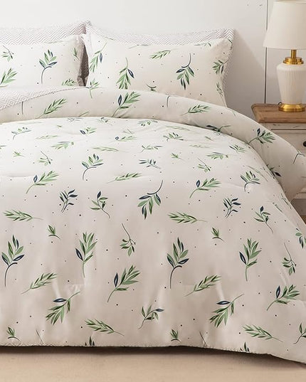 EMME King Comforter Set - Sage Green Floral Bedding Set 7 PCS with Nature Leaves Pattern, Soft Leaf Printed Botanical Bed Set with Sheets, Fluffy Bed Bag for All Season(102"X90") - LeafyLoom