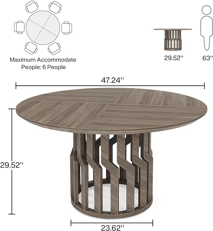Round Dining Table for 4-6 People, 47-Inch Gray Dining Room Table, All-Wood Design Circle Kitchen Table with Strong Pedestal Base, Modern Dinner Table for Dining Room - LeafyLoom