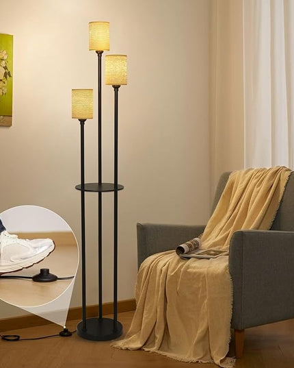 Boho Floor Lamp with Shelves, Black Floor Lamp with Hand-woven Shade, 3-Lights Corner Display Standing Lamp, Farmhouse Rustic Floor Lamps For Living Room, Bedroom, Office, Metal Tall Lamp for Reading - LeafyLoom