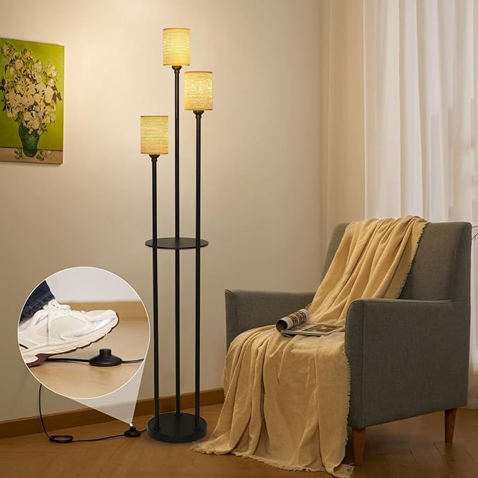 Boho Floor Lamp with Shelves, Black Floor Lamp with Hand-woven Shade, 3-Lights Corner Display Standing Lamp, Farmhouse Rustic Floor Lamps For Living Room, Bedroom, Office, Metal Tall Lamp for Reading - LeafyLoom
