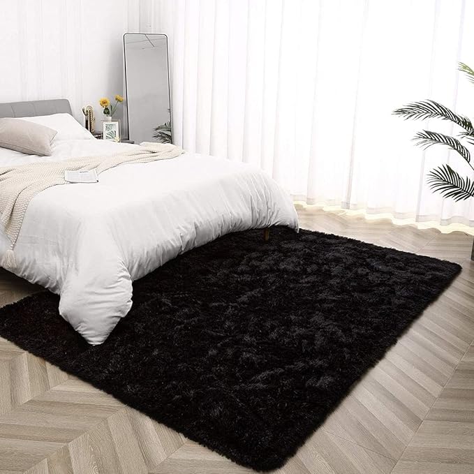 YOBATH Fluffy 8x10 Feet Area Rugs for Living Room Bedroom, Large Modern Soft Fuzzy Shaggy Carpet Shag Rugs Girls Boys Kids Nursery Dorm Room, Black - LeafyLoom