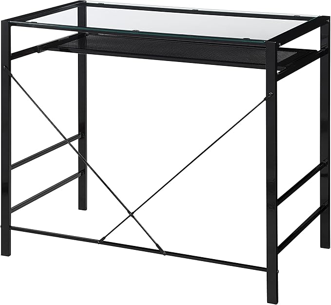 OSP Home Furnishings Zephyr Computer Desk with Keyboard Shelf and Tempered Glass Top, Clear Glass and Black Frame, 36" W x 20" D x 30.25" H - LeafyLoom