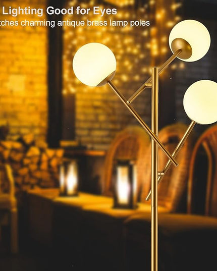 Sputnik 3 Globe Mid Century Floor Lamp Modern Gold, 3 Lights Standing Lamp with Frosted Glass Shade and Bulbs Included, LED Tall Floor Light for Living Room, Bedroom, Office - Antique Brass - LeafyLoom