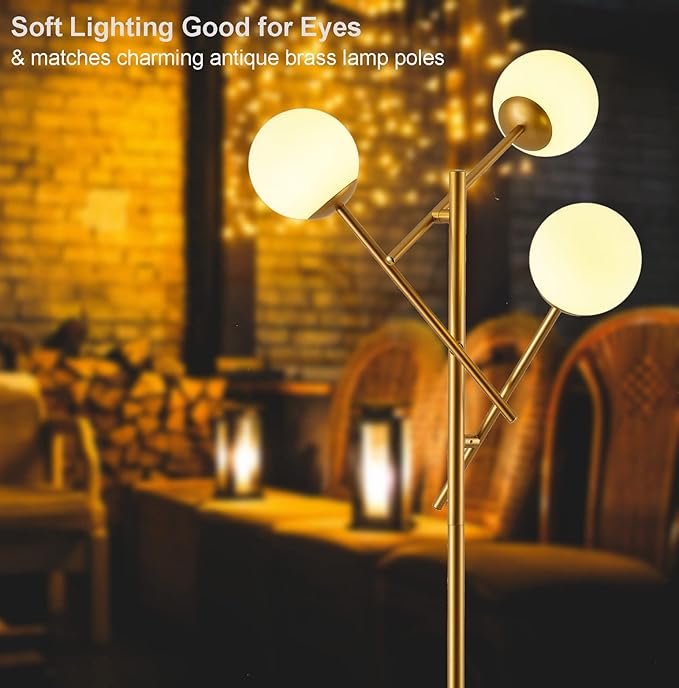 Sputnik 3 Globe Mid Century Floor Lamp Modern Gold, 3 Lights Standing Lamp with Frosted Glass Shade and Bulbs Included, LED Tall Floor Light for Living Room, Bedroom, Office - Antique Brass - LeafyLoom